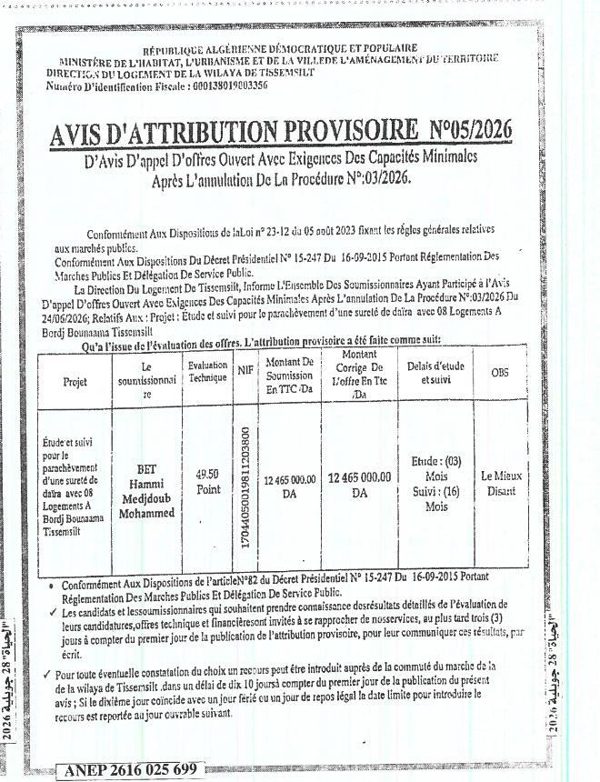 Attribution provisoire - Étude et suivi pour le parachèvement d'une sureté de daïra avec 08 logements à Bordj Bounaama