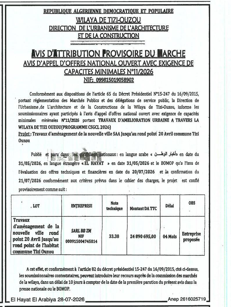 Attribution provisoire des travaux d'aménagement urbain à Tizi-Ouzou