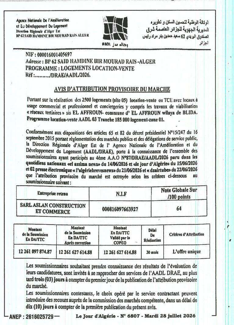 Attribution provisoire de marché pour la réalisation de 2500 logements location-vente à El Affroun