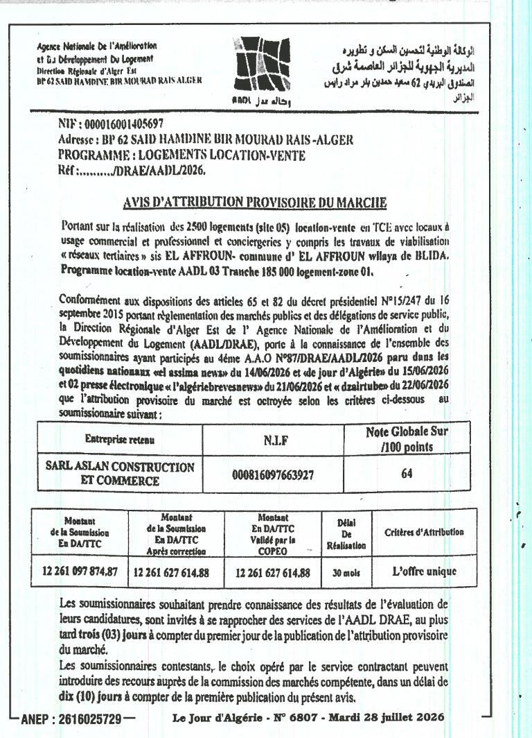 Attribution provisoire de marché pour la réalisation de 2500 logements location-vente à El Affroun
