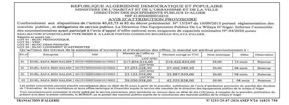 Avis d'attribution provisoire de marché pour la réalisation d'un collège type 04/200 à Larue Fonton