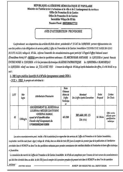 Attribution provisoire de travaux de TCE avec VRD pour 300 logements publics locatifs F3 à M'sila