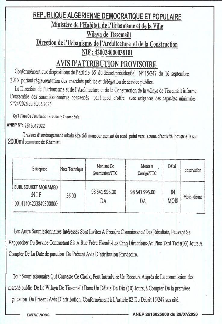 Travaux d'aménagement urbain site Sidi Mansour (Khemisti)