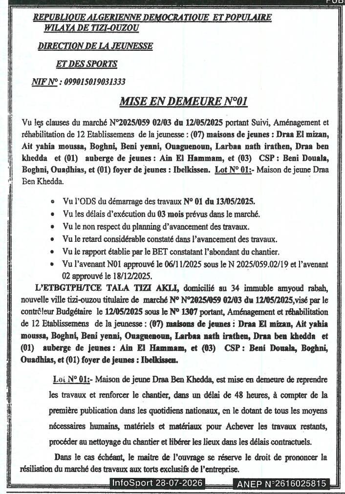 Mise en demeure pour non-respect des délais d'exécution des travaux de réhabilitation d'un établissement de jeunesse