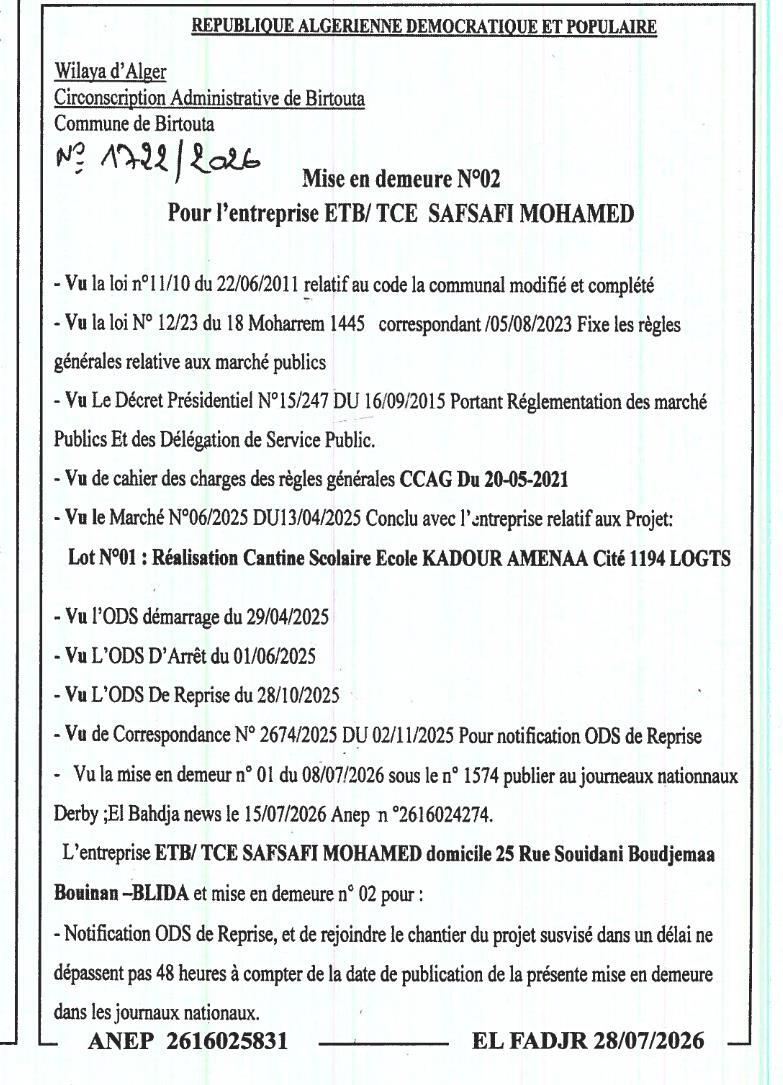 Mise en demeure N°02 pour l'entreprise ETB/TCE SAFSAFI MOHAMED