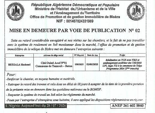 Mise en demeure de l'entreprise BEZZALA Hachemi pour retard de travaux
