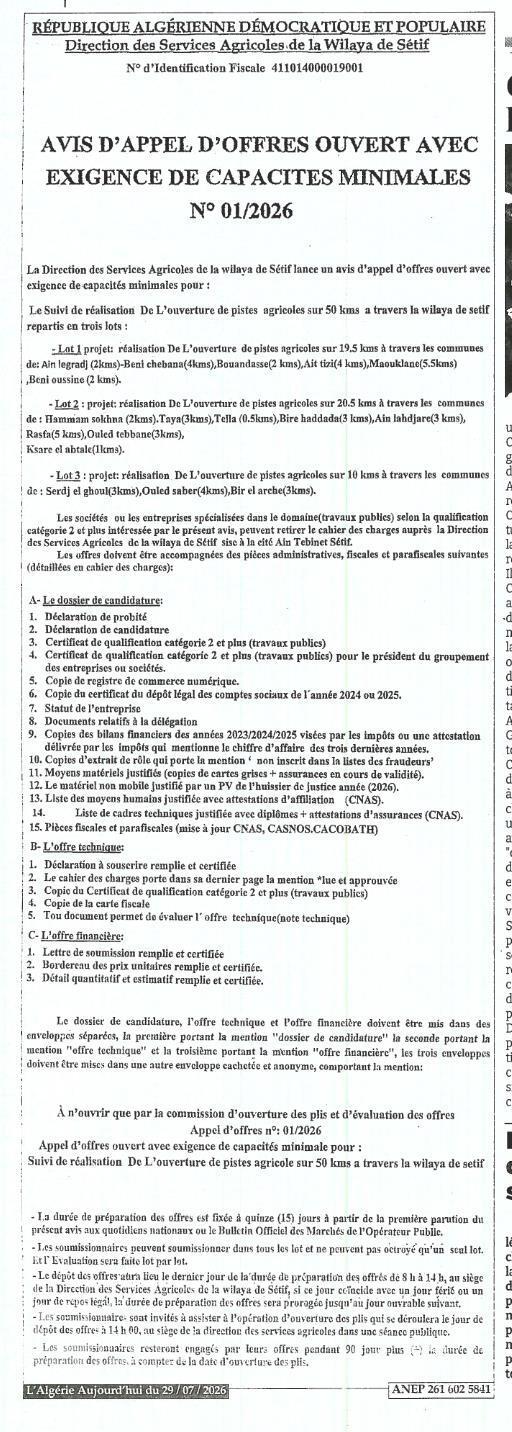 Suivi de réalisation de l'ouverture de pistes agricoles sur 50 km réparties en trois lots