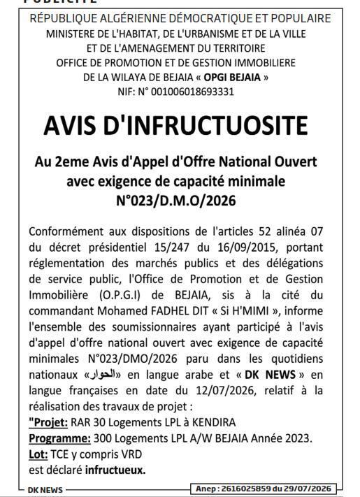 Projet : RAR 30 Logements LPL à KENDIRA - Lot : TCE y compris VRD