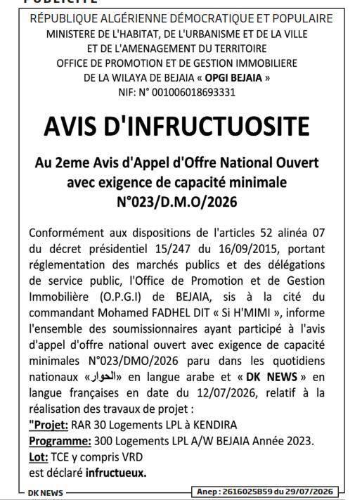 Projet : RAR 30 Logements LPL à KENDIRA - Lot : TCE y compris VRD