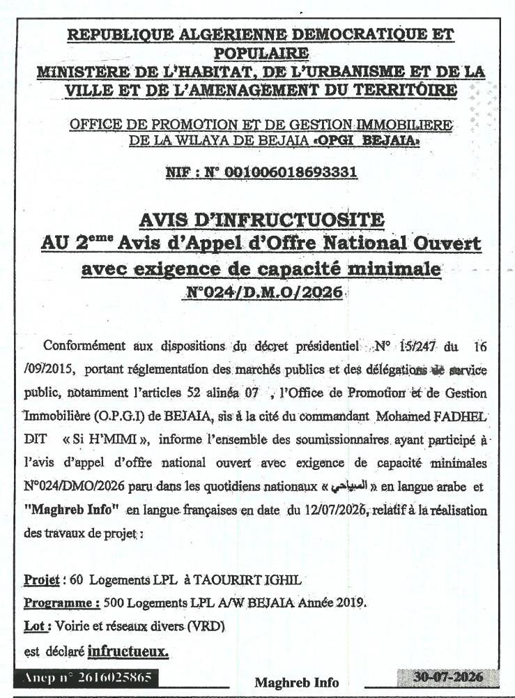 Avis d'infructuosité - Réalisation des travaux de voirie et réseaux divers (VRD) pour 60 logements LPL à Taourirt Ighil