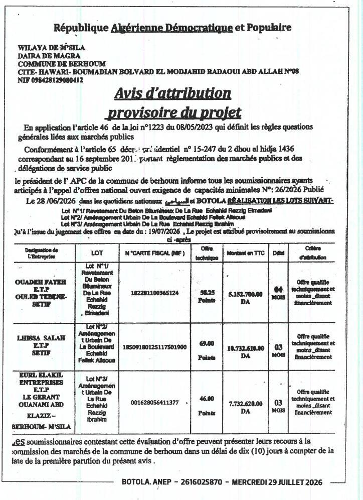 Avis d'attribution provisoire du projet