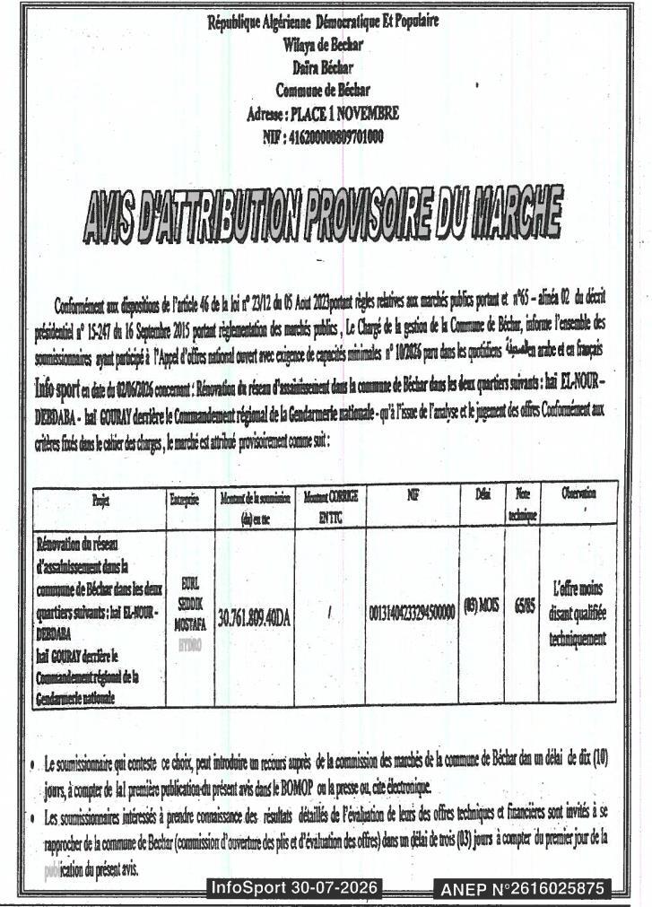Rénovation du réseau d'assainissement dans la commune de Béchar