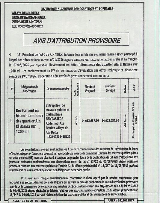 Attribution provisoire pour revêtement en béton bitumineux des quartiers Ain El Hamra