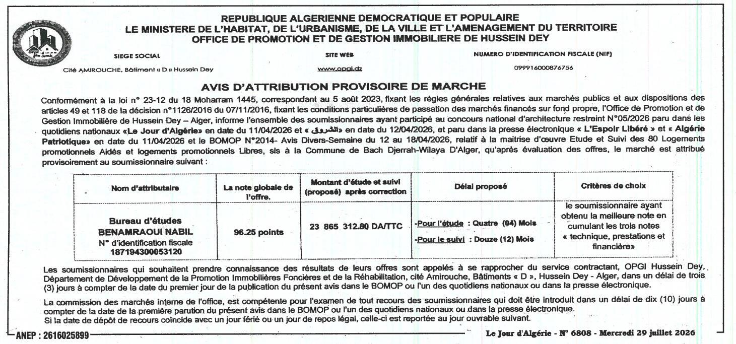 Attribution provisoire de marché pour étude et suivi de 80 logements promotionnels