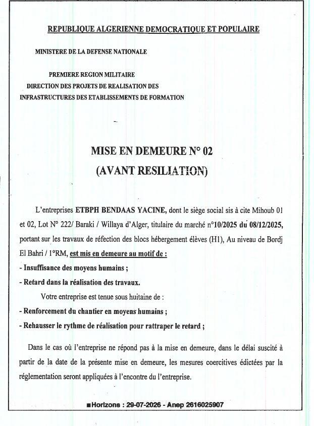 Mise en demeure n° 02 (avant résiliation) - Travaux de réfection des blocs hébergement élèves