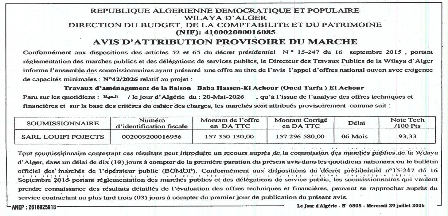 Travaux d'aménagement de la liaison Baba Hassen-El Achour (Oued Tarfa) El Achour