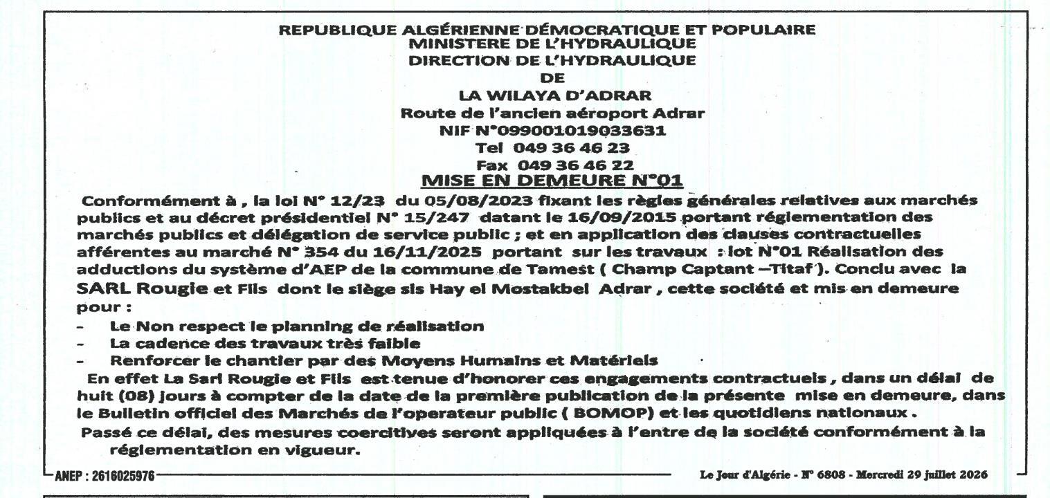 Mise en demeure pour non-respect des engagements contractuels - Travaux d'adduction d'eau potable à Tamest
