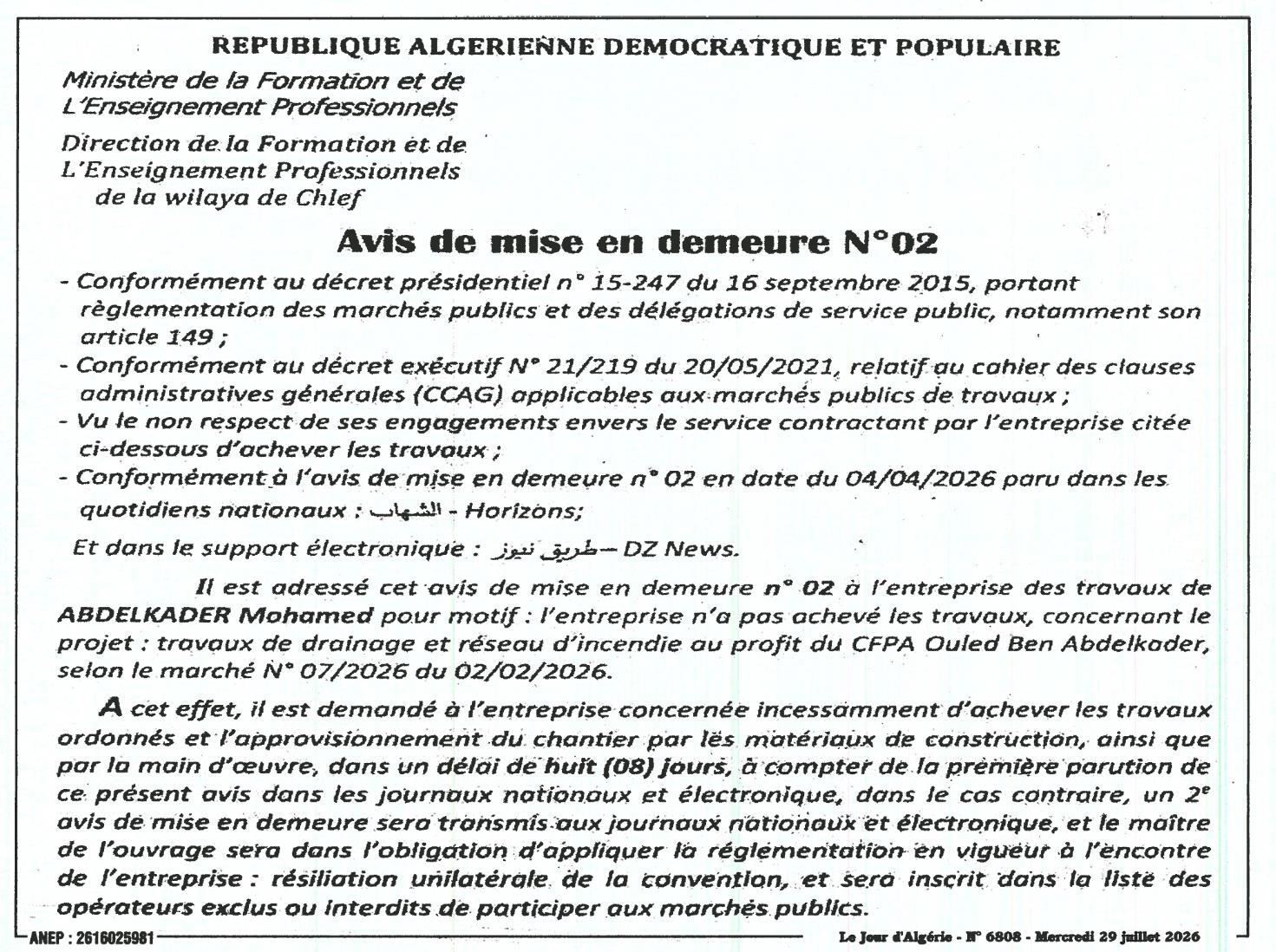 Avis de mise en demeure N°02