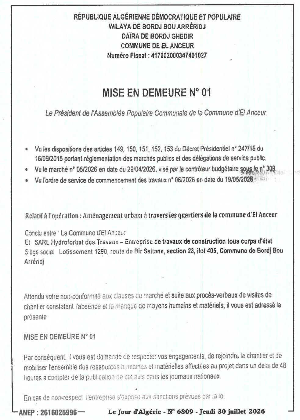 Mise en demeure n° 01 relative à l'aménagement urbain à travers les quartiers de la commune d'El Anceur