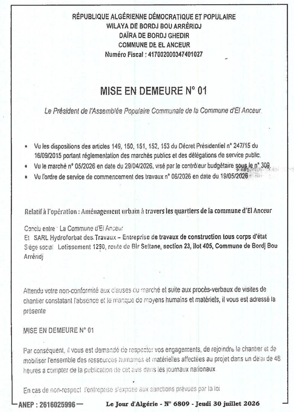 Mise en demeure n° 01 relative à l'aménagement urbain à travers les quartiers de la commune d'El Anceur