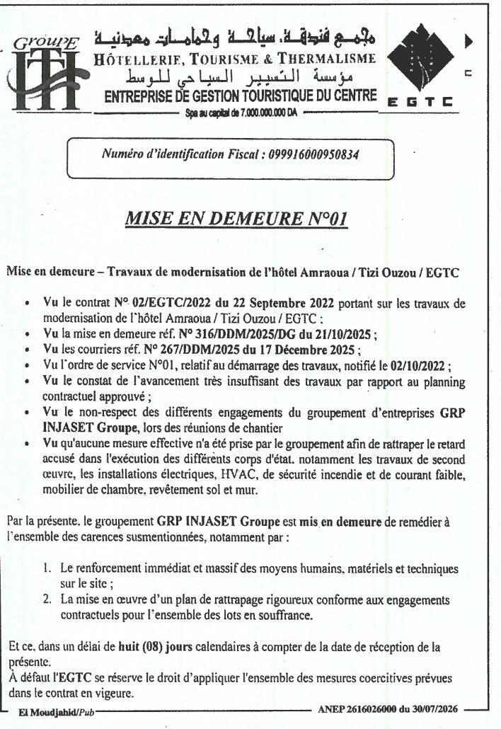 Mise en demeure – Travaux de modernisation de l'hôtel Amraoua