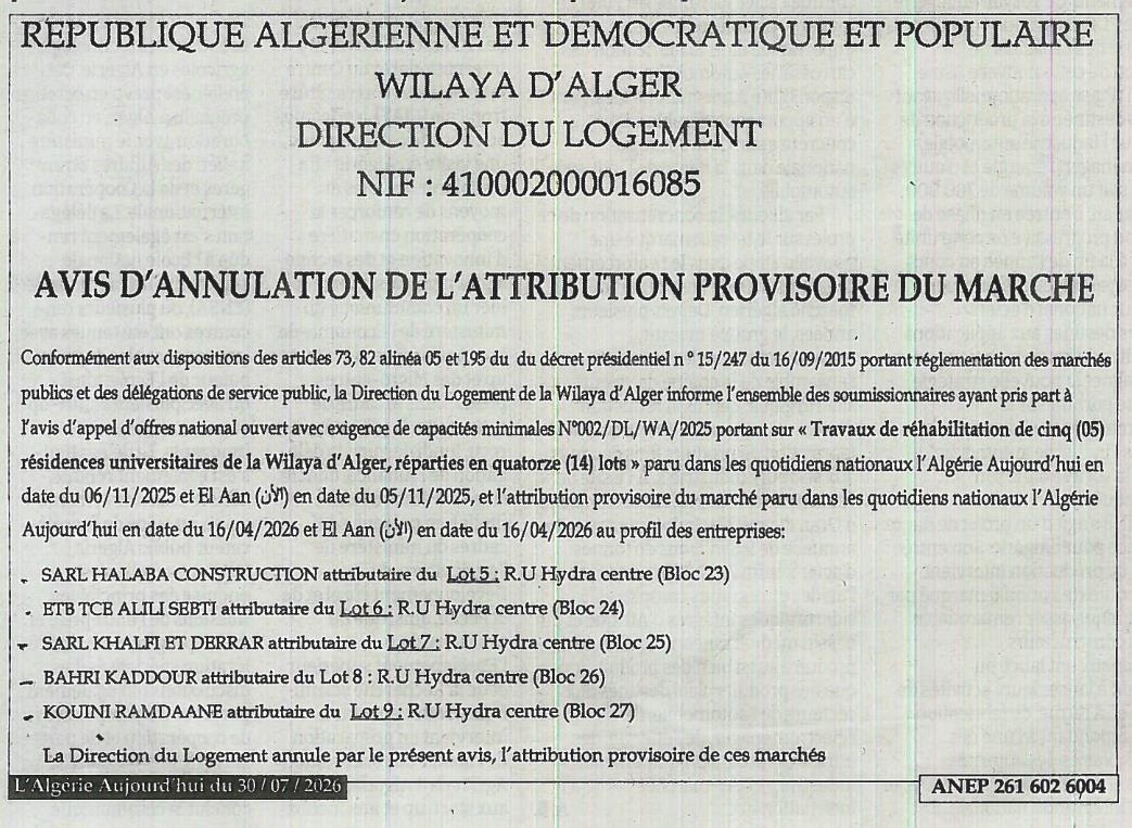 Avis d'annulation de l'attribution provisoire du marché