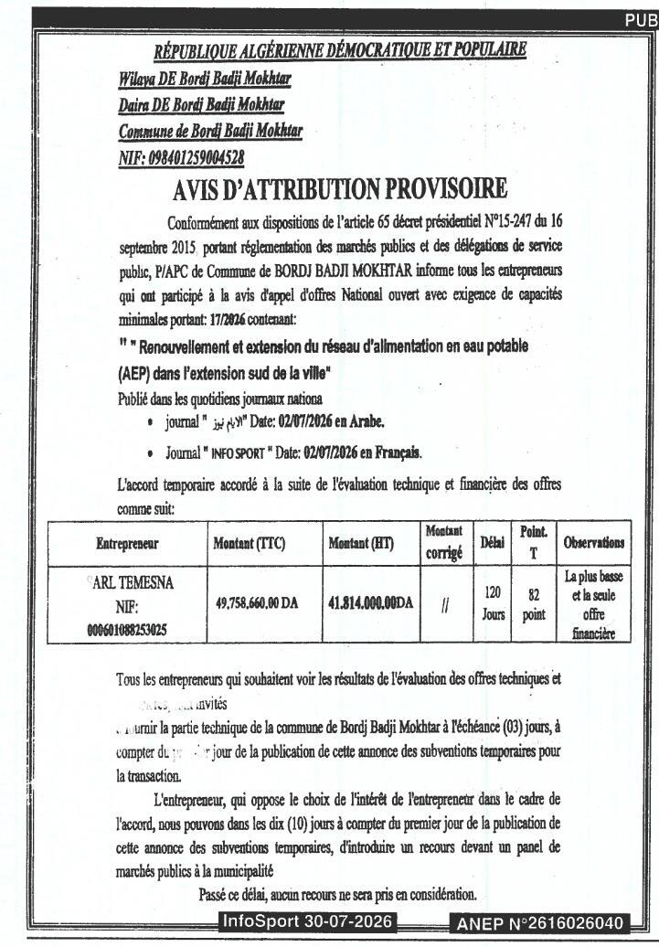 Renouvellement et extension du réseau d'alimentation en eau potable (AEP) dans l'extension sud de la ville