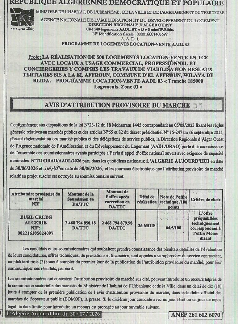 PROGRAMME DE LOGEMENTS LOCATION-VENTE AADL 03 - Tranche 185000 Logements, Zone 01 - Réalisation de 500 logements location-vente en TCE avec locaux commerciaux à El Affroun