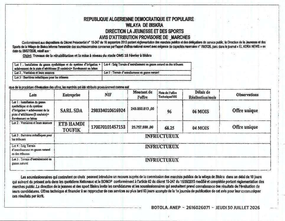 Travaux de réhabilitation et mise à niveau du stade OMS 18 Février à Biskra