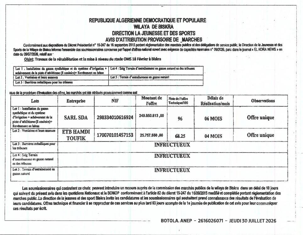 Travaux de réhabilitation et mise à niveau du stade OMS 18 Février à Biskra