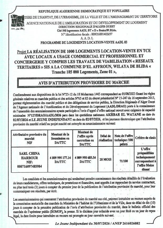 Avis d'attribution provisoire du marché pour la réalisation de 1000 logements location-vente avec locaux commerciaux à El Affroun