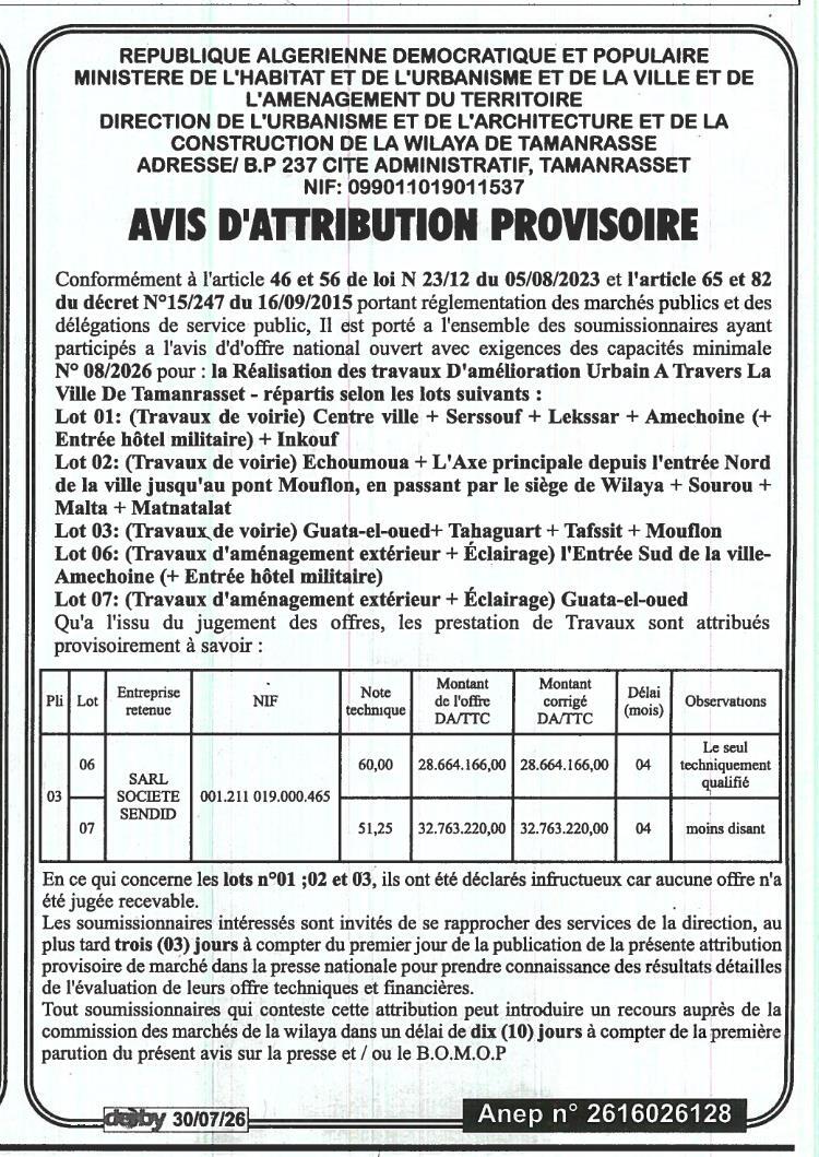 Attribution provisoire des travaux d'amélioration urbaine à Tamanrasset
