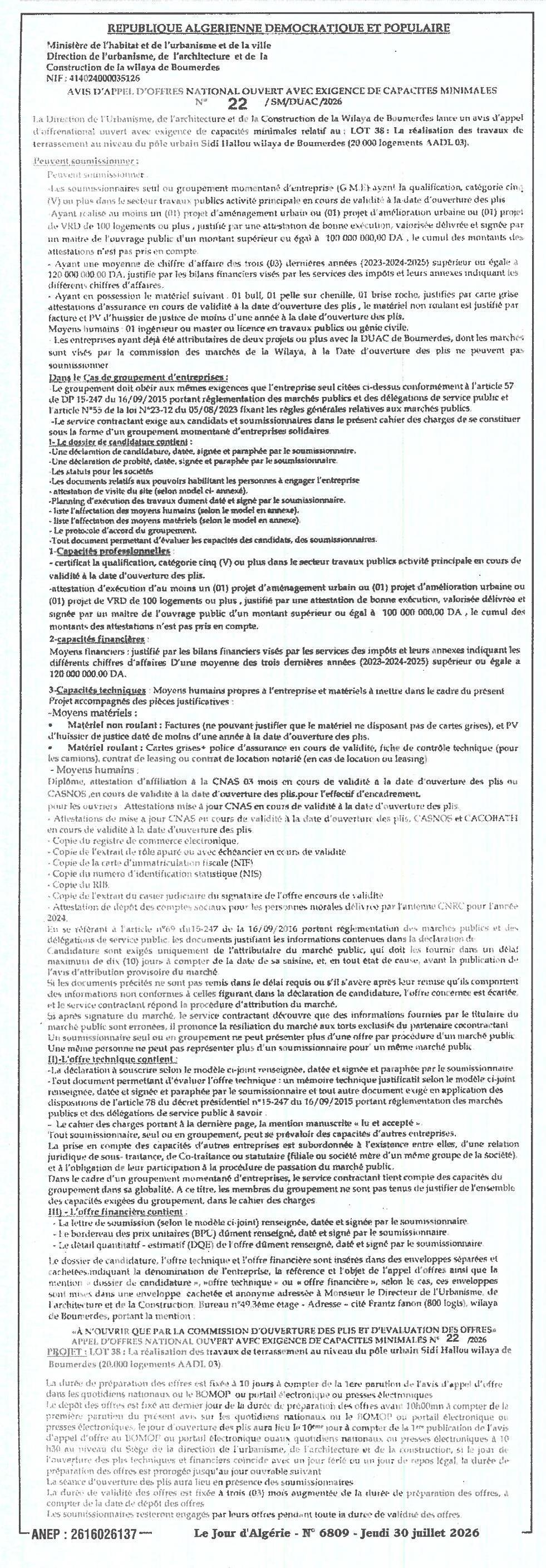 LOT 50 : Réalisation des travaux de terrassement au pôle urbain Sidi Hallou (20 000 logements : SAUL 03)