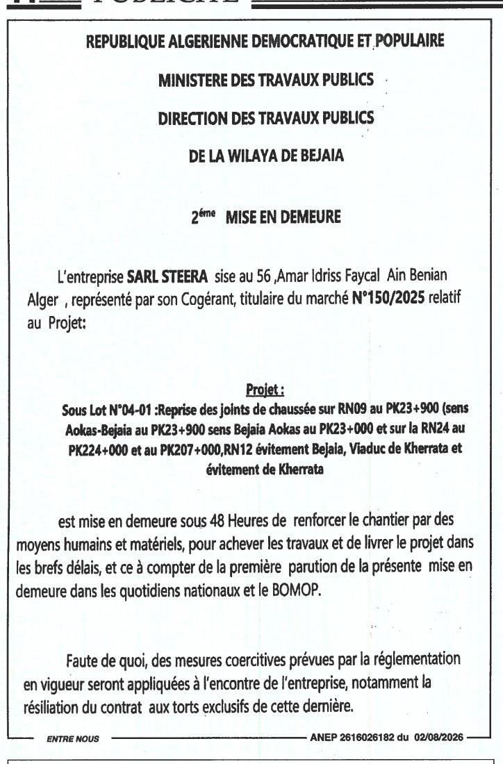 2ème Mise en demeure relative à la reprise des joints de chaussée sur RN09, RN24, RN12 et viaduc de Kherrata