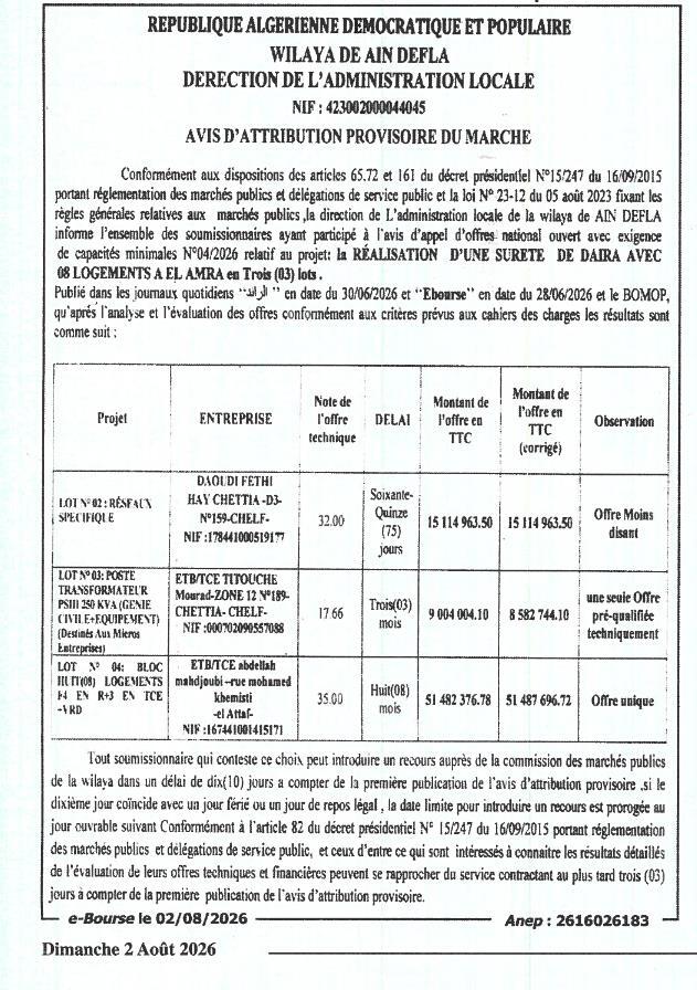 Avis d'attribution provisoire pour la réalisation d'une sûreté de daïra avec 8 logements à El Amra