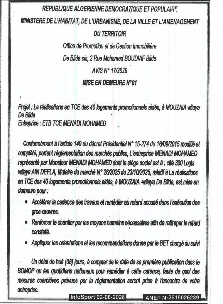 Mise en demeure pour retard d'exécution de travaux de réalisation de logements promotionnels