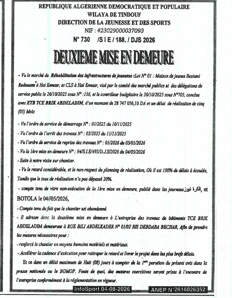 Deuxième mise en demeure pour l'abandon du chantier de réhabilitation des infrastructures de jeunesse à Tindouf