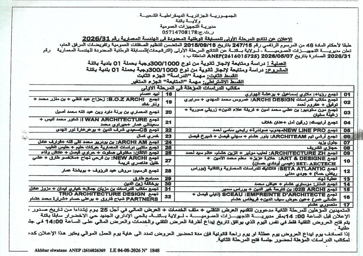 Résultats de la première phase d'un concours national restreint en architecture