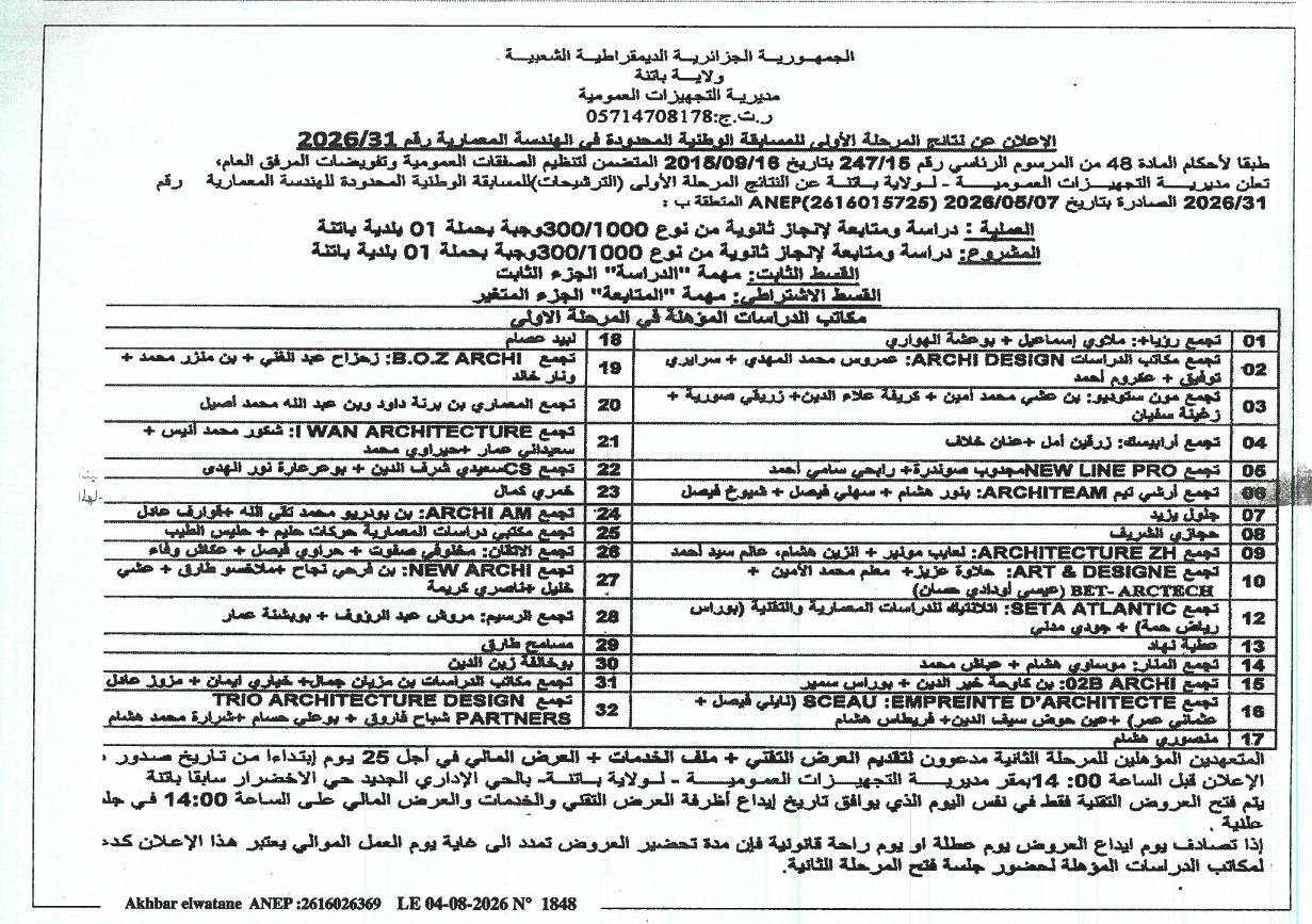 Résultats de la première phase d'un concours national restreint en architecture