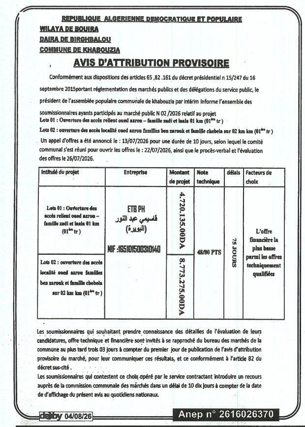 Avis d'attribution provisoire pour l'ouverture d'accès routiers dans la commune de Khabouzia