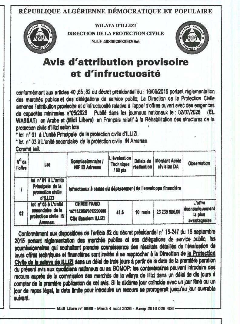 Avis d'attribution provisoire et d'infructuosité relatif à la réhabilitation des structures de la protection civile d'Illizi
