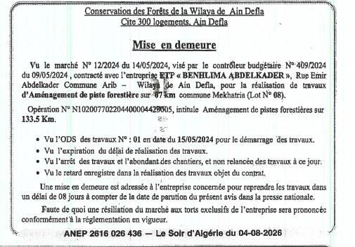 Mise en demeure pour travaux d'aménagement de pistes forestières