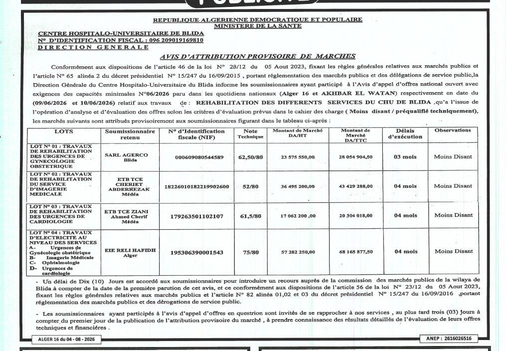 Avis d'attribution provisoire des marchés pour la réhabilitation des services du CHU de Blida
