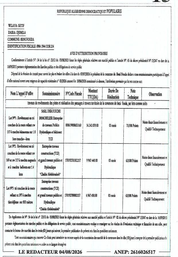 Avis d'attribution provisoire des travaux de revêtement de pistes et réalisation de passages dans la commune de Beni Fouda