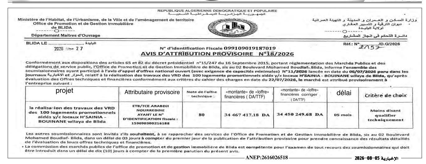 Avis d'attribution provisoire pour la réalisation des travaux des VRD des 100 logements promotionnels aidés y/c locaux H'SAINIA - BOUINANE