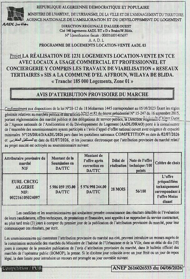 Avis d'attribution provisoire du marché pour la réalisation de 1231 logements location-vente avec locaux commerciaux à El Affroun, Wilaya de Blida
