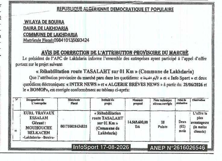 Avis de correction d'attribution provisoire