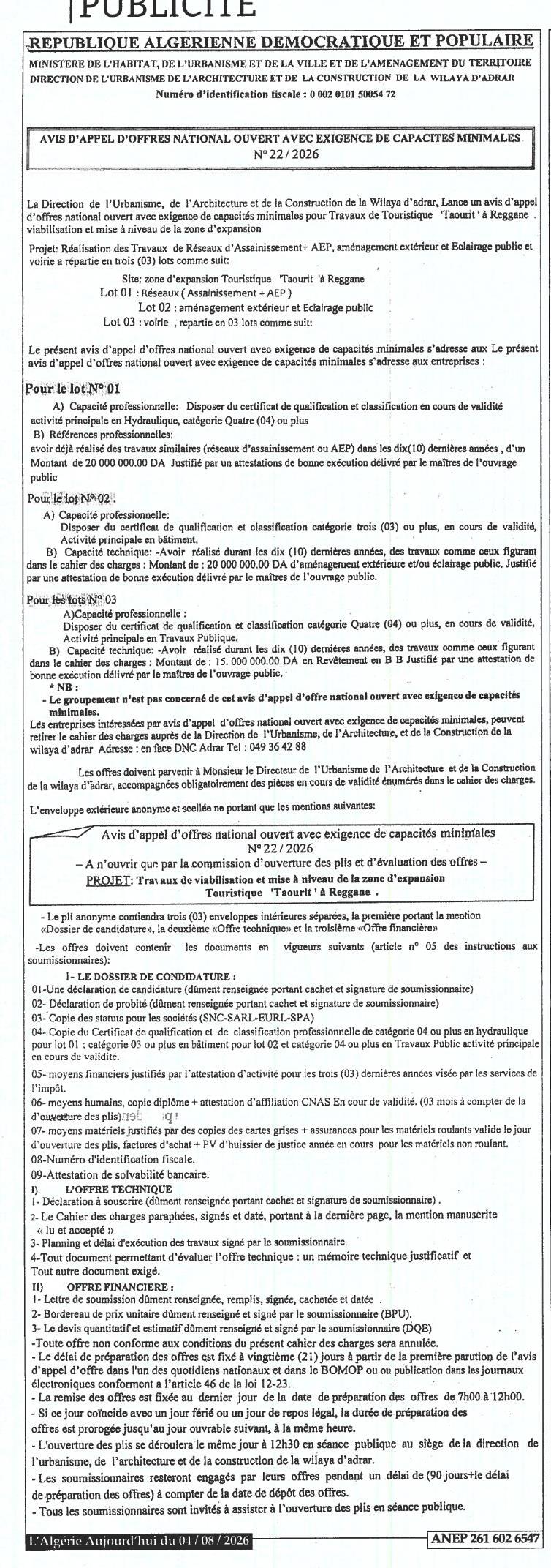 Appel d'offres national ouvert avec exigence de capacités minimales pour travaux de viabilisation et mise à niveau de la zone d'expansion touristique "Taourit" à Reggane