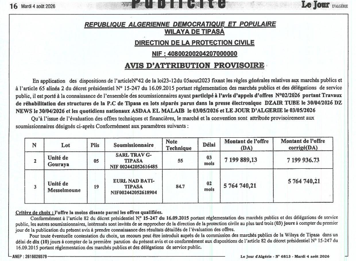 Avis d'attribution provisoire des travaux de réhabilitation des structures de la Protection Civile de Tipasa