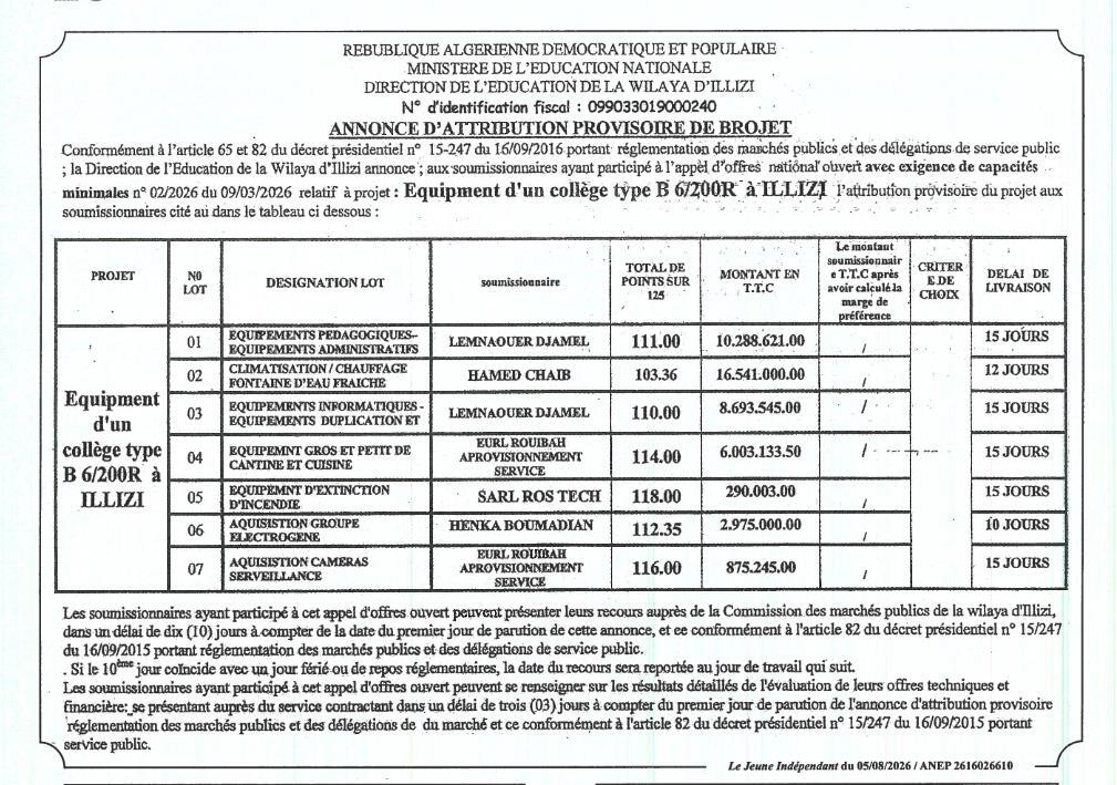 Avis d'attribution provisoire
